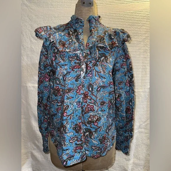 LOFT Blue Paisley Ruffle Yoke Blouse Size Small Button Front - Picture 3 of 12